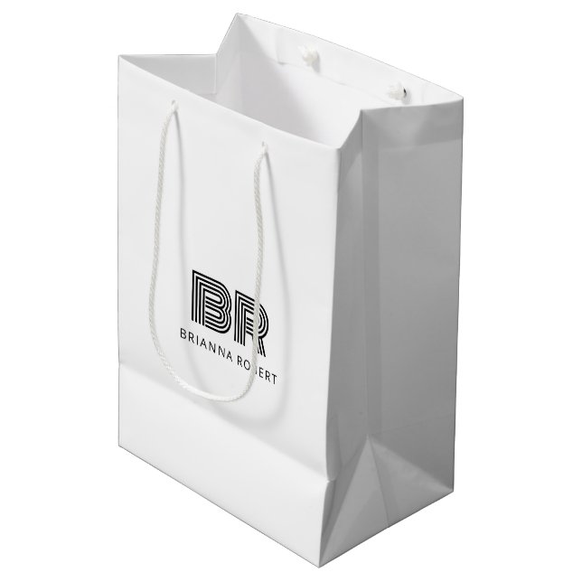 Sac Cadeau Moyen Logo Monogramme Moderne Marque Élégant Blanc (Devant Angle)