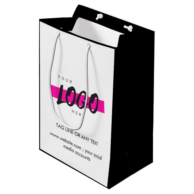 Sac Cadeau Moyen Logo sur mesure Motif Texte promotionnel B&W (Devant Angle)