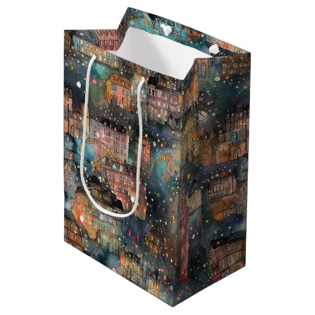 Sac Cadeau Moyen Londres à Noël & Nouvel An en aquarelles (Devant Angle)