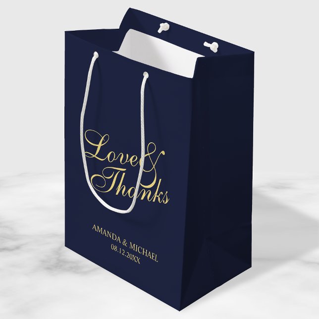 Sac Cadeau Moyen 'Love & Thanks' Marine & Gold Elegant Wedding Favo (Créateur téléchargé)