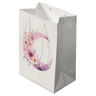 Sac Cadeau Moyen Lune rose Croissant avec de jolies fleurs