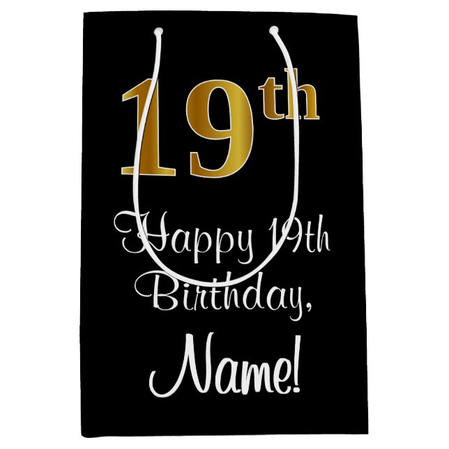 Sac Cadeau Moyen Luxueux, élégant, Faux Gold Look 19e anniversaire (Devant)