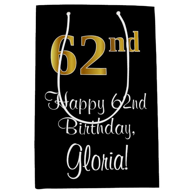 Sac Cadeau Moyen Luxueux, élégant, Faux Gold Look 62e anniversaire (Devant)