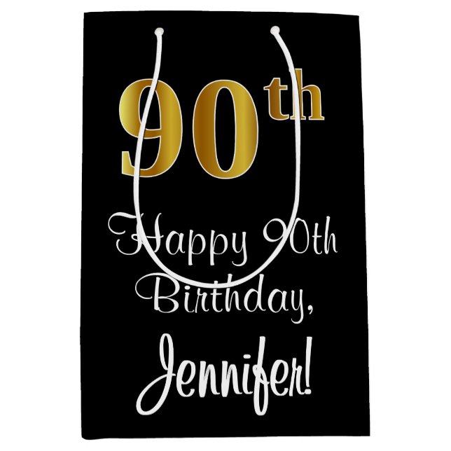 Sac Cadeau Moyen Luxueux, élégant, Faux Gold Look 90e anniversaire (Devant)