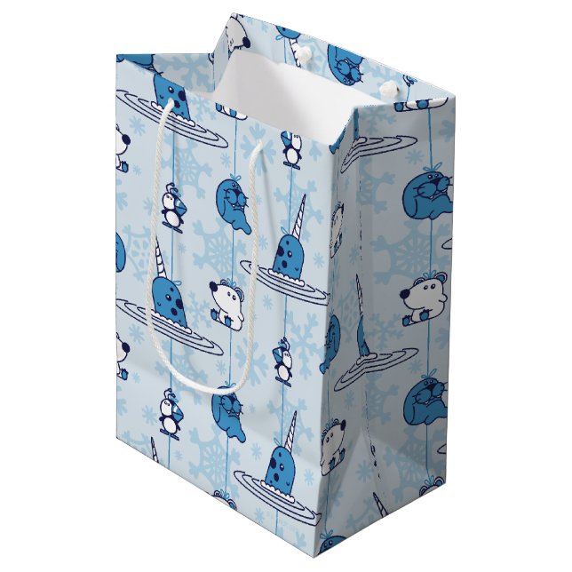 Sac Cadeau Moyen M. Narwhal Blue Snowflake Motif (Devant Angle)