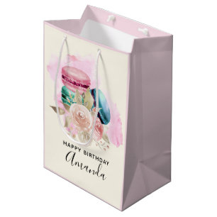 Sac Cadeau Moyen Macarons Colorés et Fleurs Aquarelle Anniversaire