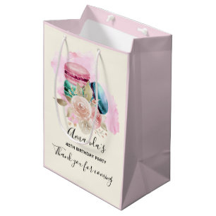 Sac Cadeau Moyen Macarons Colorés et Fleurs Aquarelle Merci
