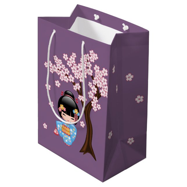 Sac Cadeau Moyen Maiko Kokeshi Poupée Bleu Kimono Geisha Girl Viole (Dos Angle)