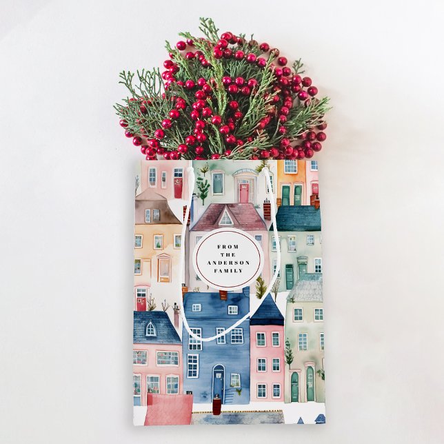 Sac Cadeau Moyen Maisons colorées de Noël (Créateur téléchargé)