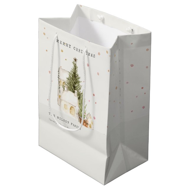 Sac Cadeau Moyen Maisons de neige blanches Joyeux voeux de Noël (Devant Angle)