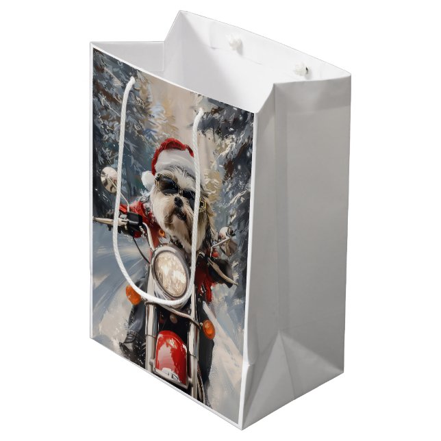 Sac Cadeau Moyen Malti Tzu Chien équitation Moto Noël (Devant Angle)