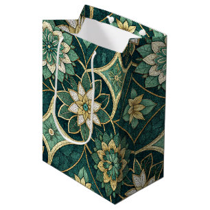 Sac Cadeau Moyen Mandala floral émeraude et or - Ornemental