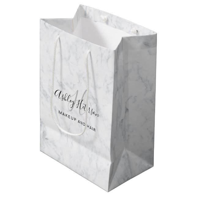 Sac Cadeau Moyen Maquillage monogramme blanc marbre script typograp (Devant Angle)