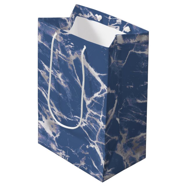 Sac Cadeau Moyen Marbre d'argent bleu (Devant Angle)