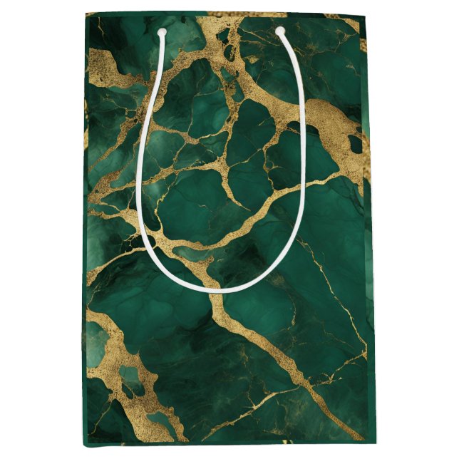 Sac Cadeau Moyen Marbre vert or élégant (Devant)