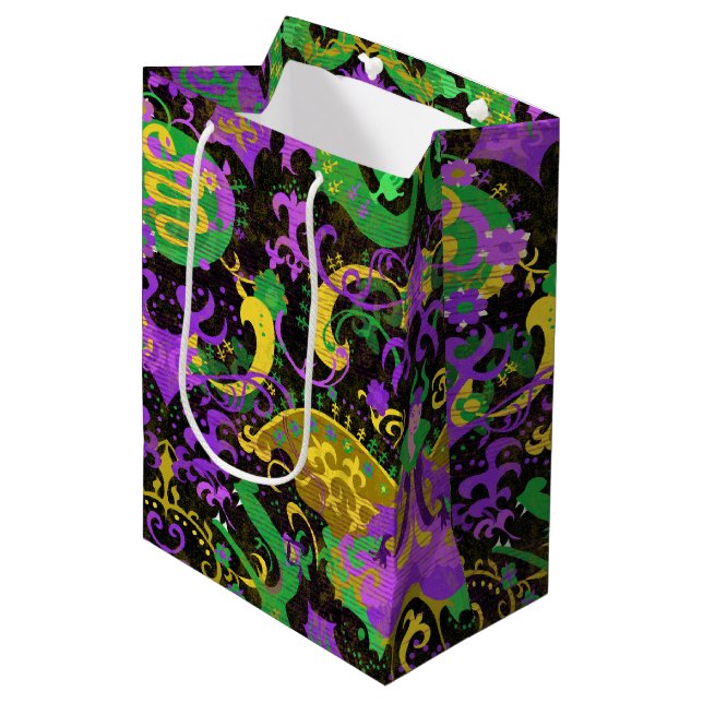 Sac Cadeau Moyen Mardi Gras Couleurs Damask Dragon, Papillon, Serpe (Devant Angle)