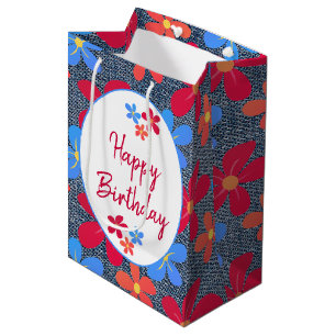 Sac Cadeau Moyen Marguerites Colorées Sur Le Bleu Jean Denim