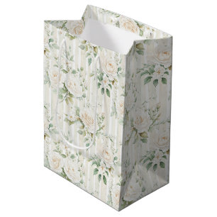 Sac Cadeau Moyen Mariage à rayures florales de roses blanches aux t