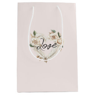 Sac Cadeau Moyen Mariage Coeur Plumes Roses Rouge Romantique