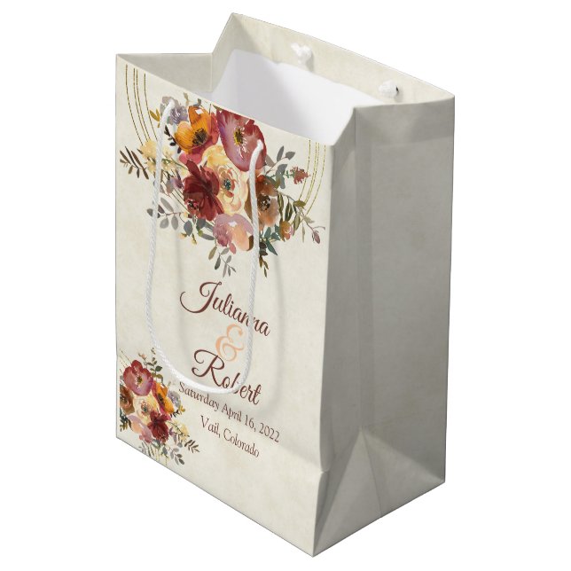 Sac Cadeau Moyen Mariage d'automne fleuri et or (Devant Angle)