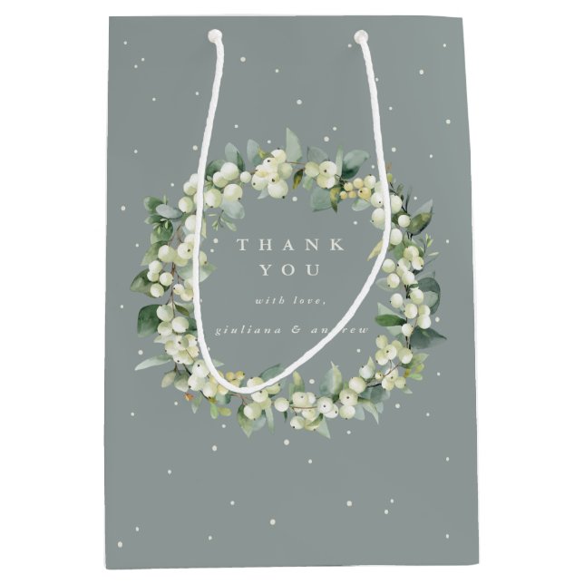 Sac Cadeau Moyen Mariage d'hiver Seafoam Green Snowberry+Eucalyptus (Devant)