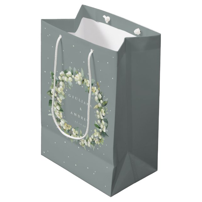 Sac Cadeau Moyen Mariage d'hiver Seafoam Green Snowberry+Eucalyptus (Devant Angle)