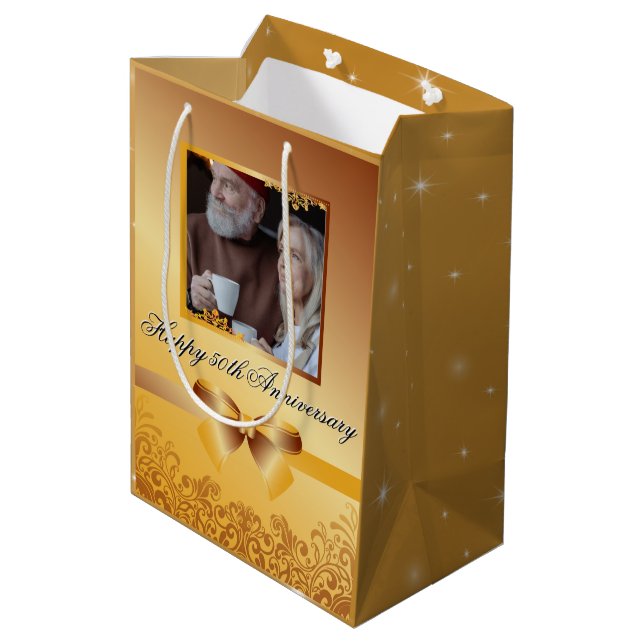 Sac Cadeau Moyen Mariage d'or 50e anniversaire personnalisable (Dos Angle)
