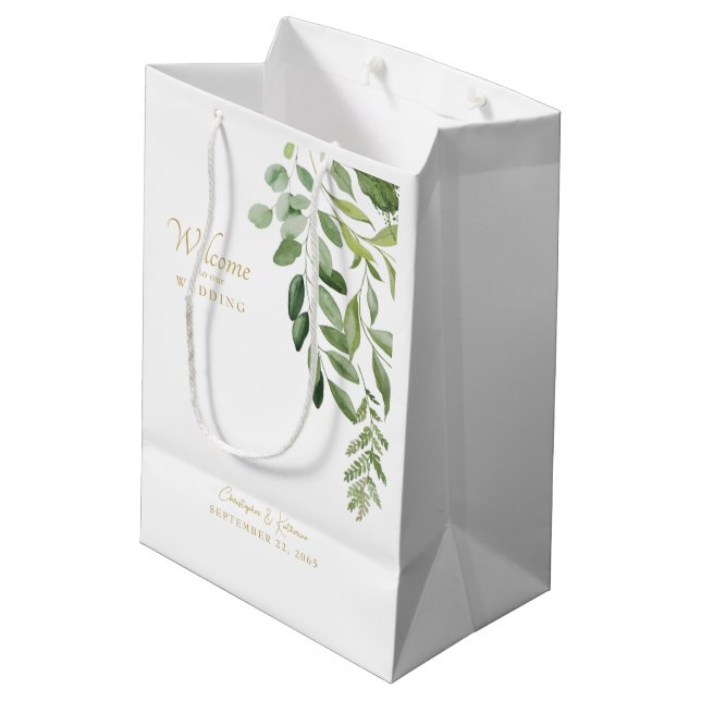 Sac Cadeau Moyen Mariage Faveur Bienvenue Foliage Gold Texte (Dos Angle)