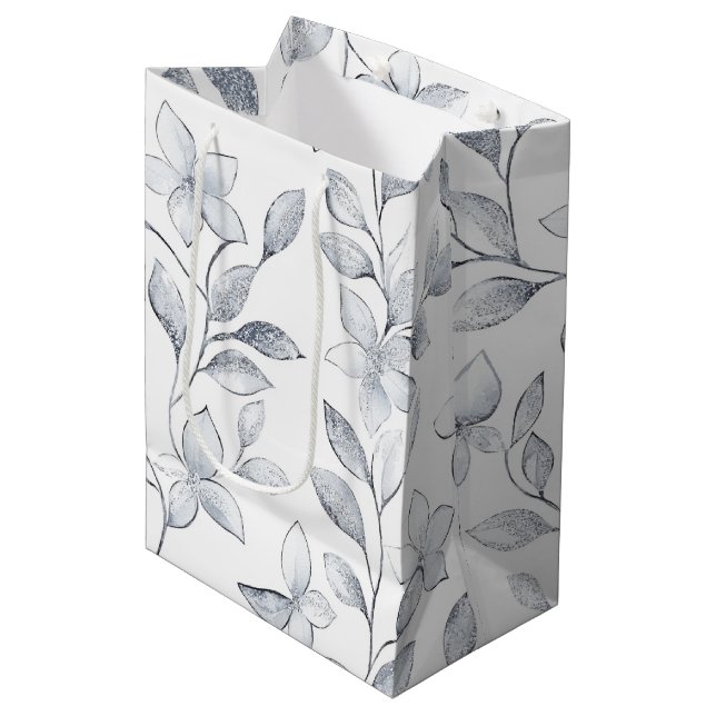 Sac Cadeau Moyen Mariage floral blanc argenté (Devant Angle)