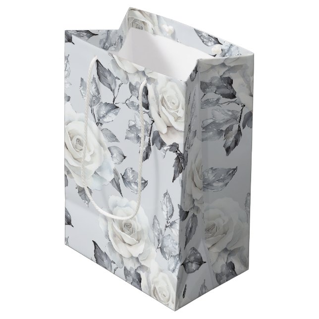 Sac Cadeau Moyen Mariage floral gris argenté chic blanc (Devant Angle)
