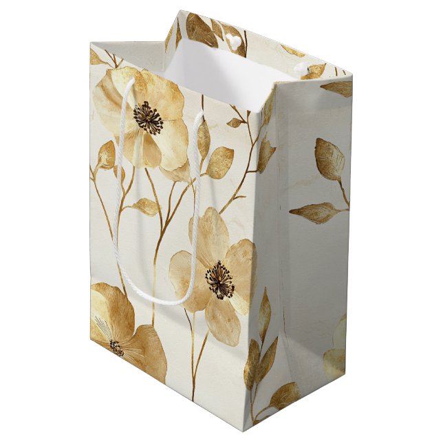Sac Cadeau Moyen Mariage floral or crème (Devant Angle)