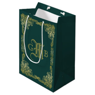 Sac Cadeau Moyen Mariage Monogramme Classic Gold Frame Dark Green