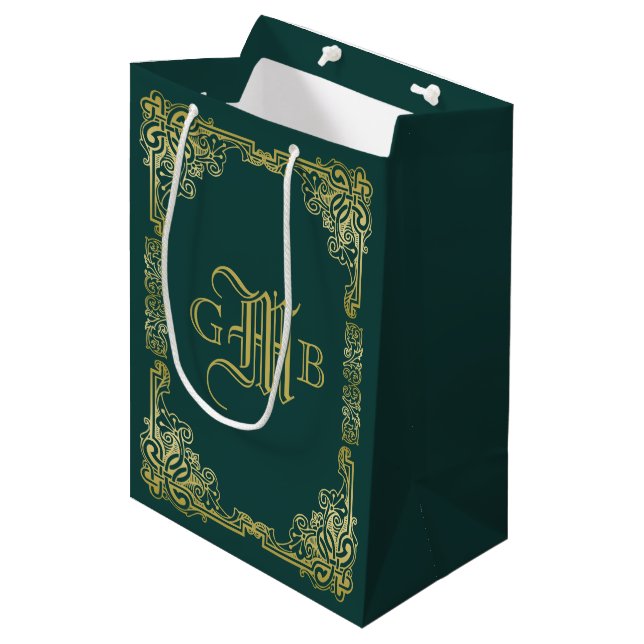 Sac Cadeau Moyen Mariage Monogramme Classic Gold Frame Dark Green (Devant Angle)