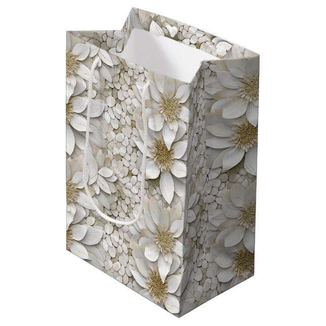 Sac Cadeau Moyen Mariage or blanc Lotus Fleurs (Devant Angle)