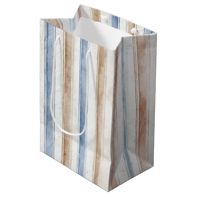 Sac Cadeau Moyen Mariage Rayures Bleu Crème Beige Jolies (Devant Angle)