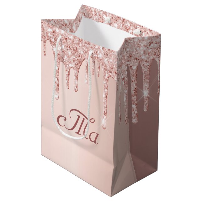Sac Cadeau Moyen Mariage rose or pailleté rose scintillant (Devant Angle)