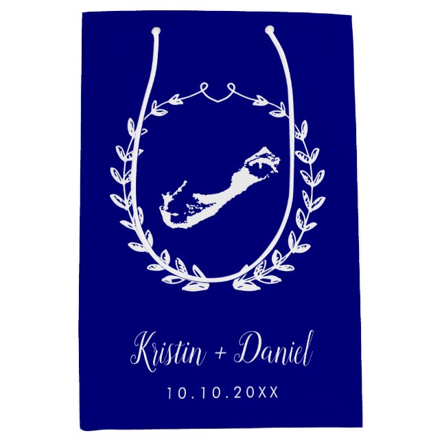 Sac Cadeau Moyen Marine Bleu Bermudes Carte Mariage Bienvenue Swag (Devant)