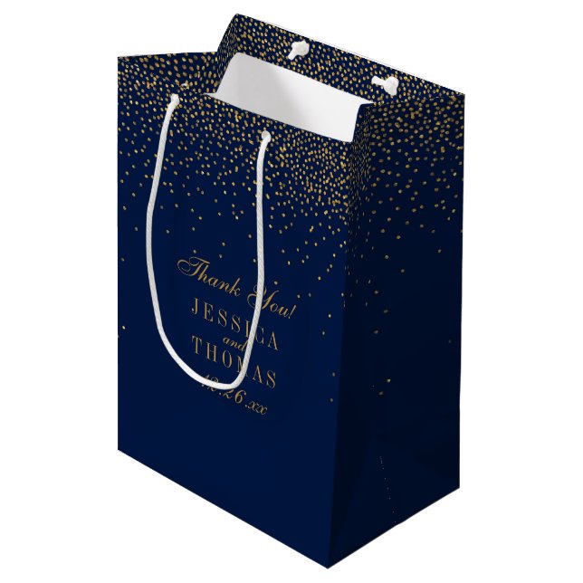 Sac Cadeau Moyen Marine Blue & Glam Gold Confetti Mariage Faveur (Devant Angle)