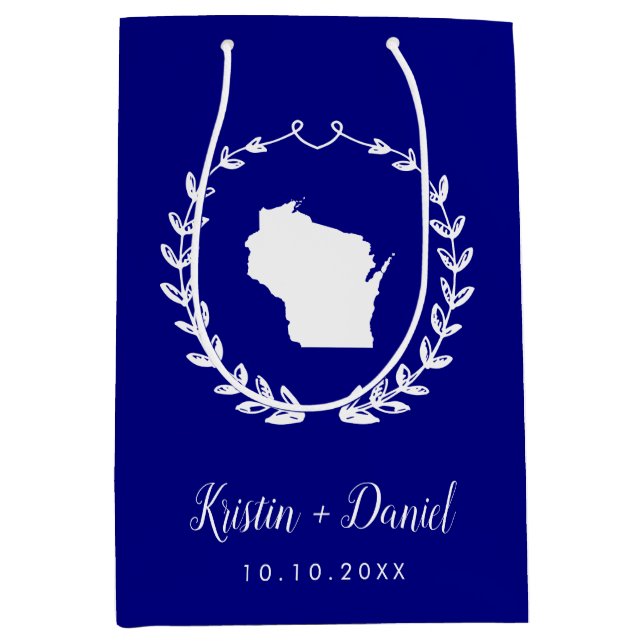 Sac Cadeau Moyen Marine Blue Wisconsin Carte Mariage Bienvenue Swag (Devant)