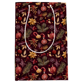 SAC CADEAU MOYEN MAROON CHRISTMAS DÉCORATION FESTIVALE OR FLORAL