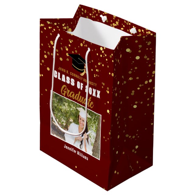 Sac Cadeau Moyen Maroon Gold College Graduation Photo Party (Devant Angle)