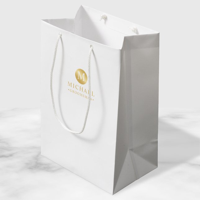 Sac Cadeau Moyen Masculine Blanc et or Groomsmen personnalisé (Créateur téléchargé)