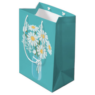 Sac Cadeau Moyen Mason Jar aux marguerites blanches sur Turquoise