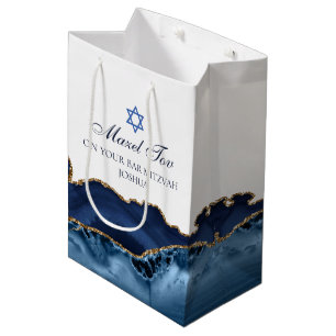 Sac Cadeau Moyen Mazel Tov Chic Blue Gold Bat mitzvah personnalisé
