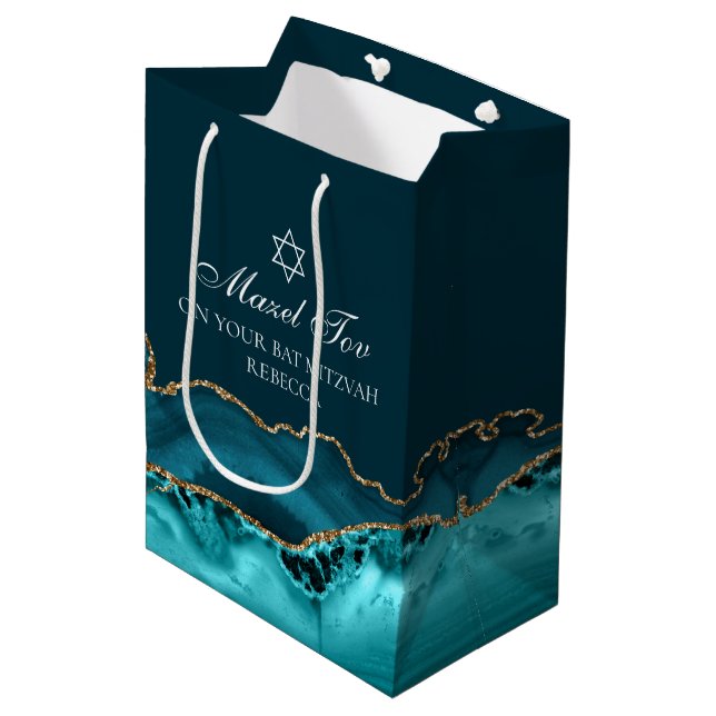 Sac Cadeau Moyen Mazel Tov Chic Turquoise Gold Bat mitzvah personna (Devant Angle)