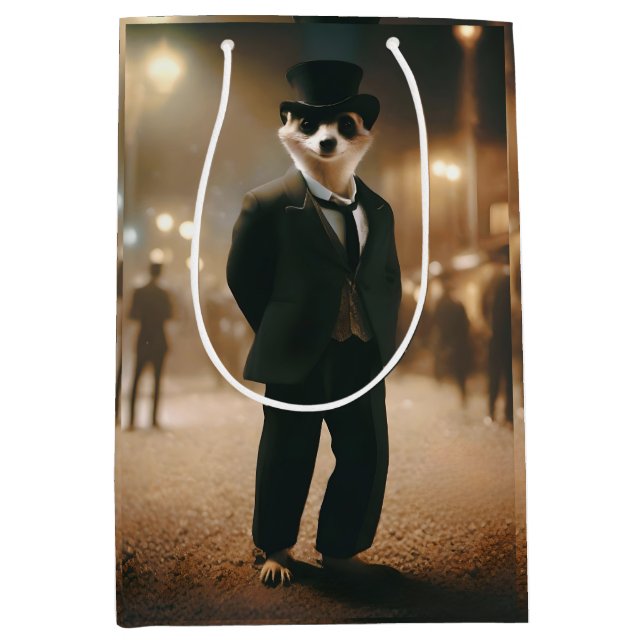 Sac Cadeau Moyen Meerkat Habillé Pour Un Événement De Cravate Noire (Devant)