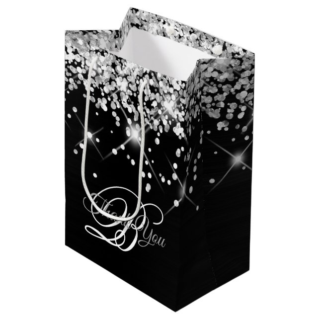 Sac Cadeau Moyen Merci de monogramme argenté et noir (Devant Angle)