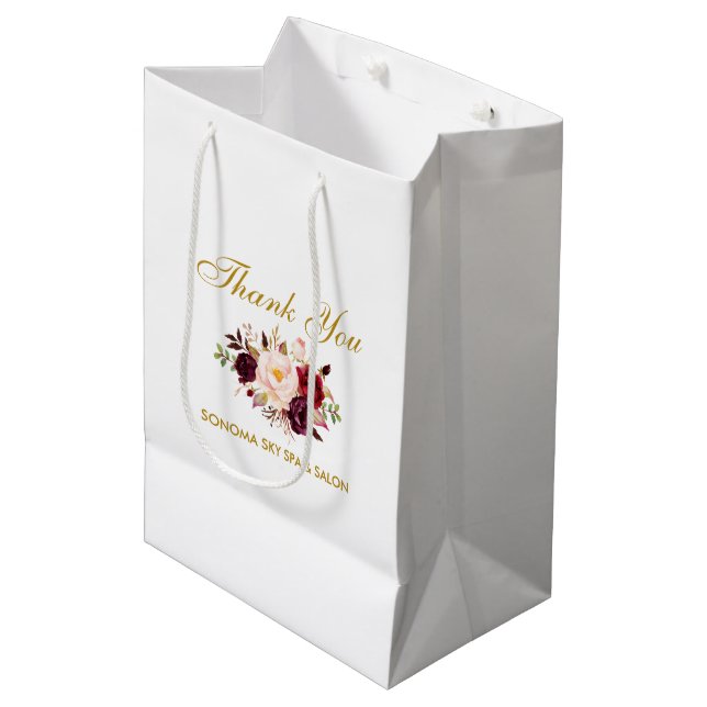 Sac Cadeau Moyen Merci floral d'or de Bourgogne d'aquarelle (Devant Angle)