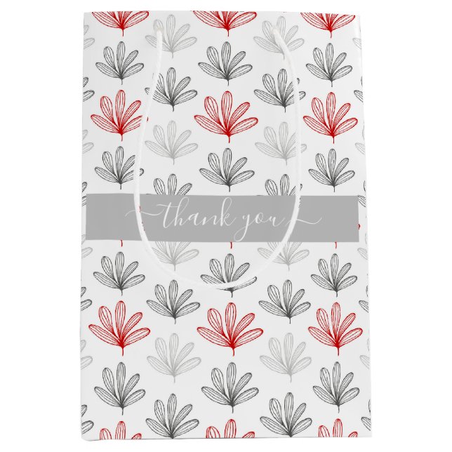 Sac Cadeau Moyen Merci moderne à motifs floraux rouges et gris (Devant)