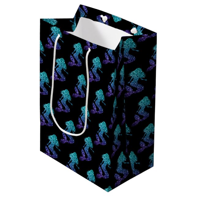 Sac Cadeau Moyen Mermaid aqua bleu ombre motif noir (Devant Angle)